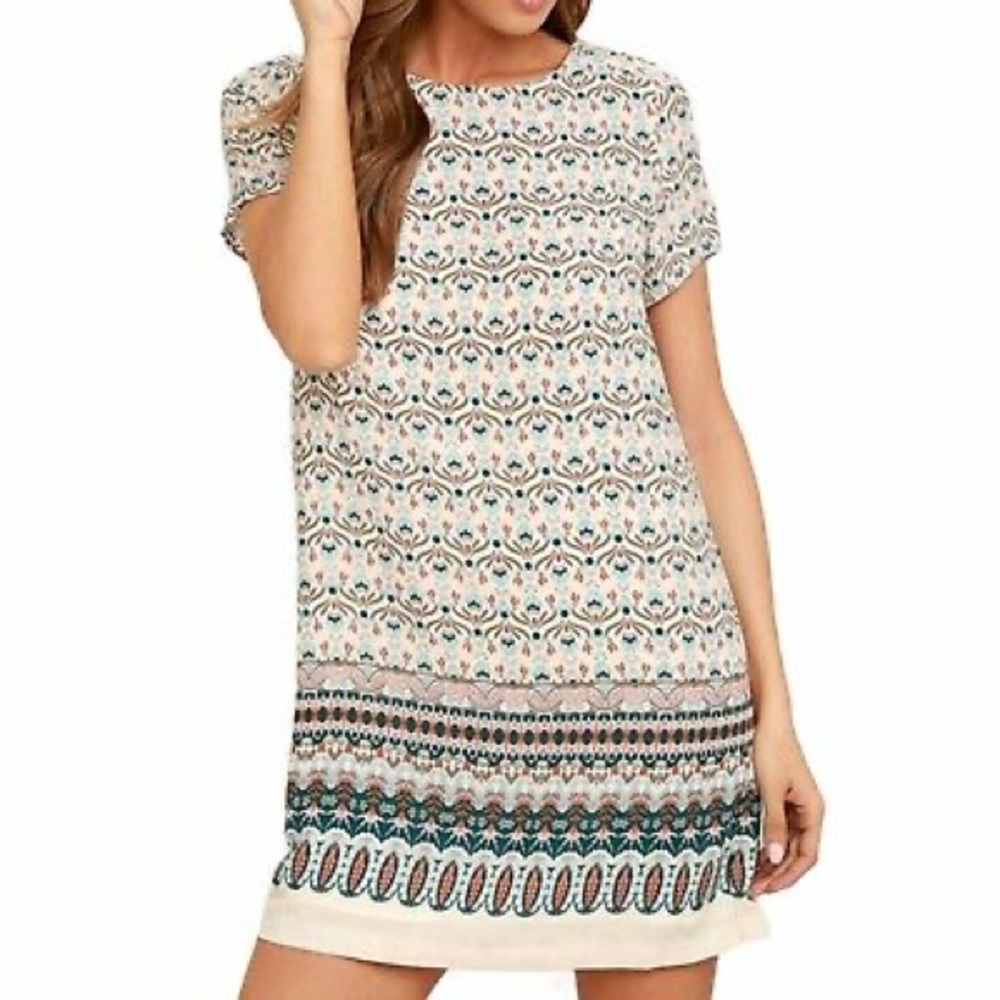 Lulus printed botanical beige short shift dress